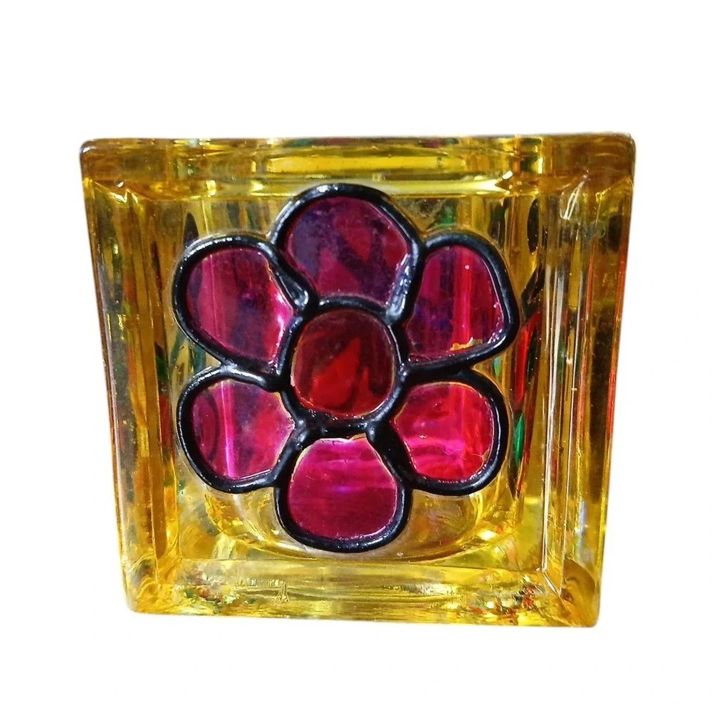 Vtg Stained Glass Handmade Studio Art Candle Holder Ladybug Butterfly 3